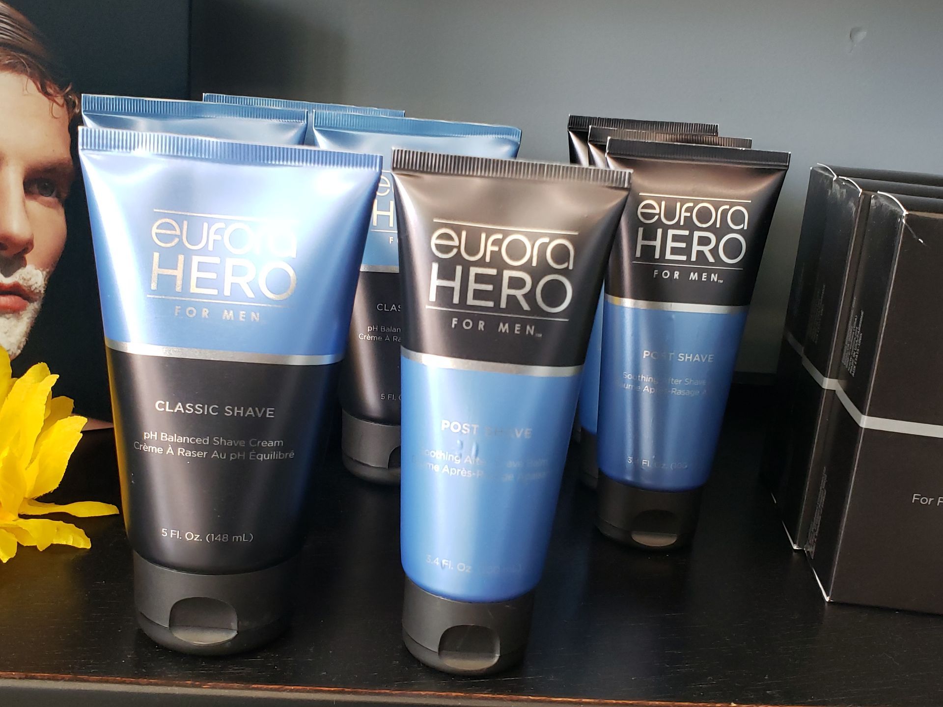Several bottles of eufora hero sit on a shelf