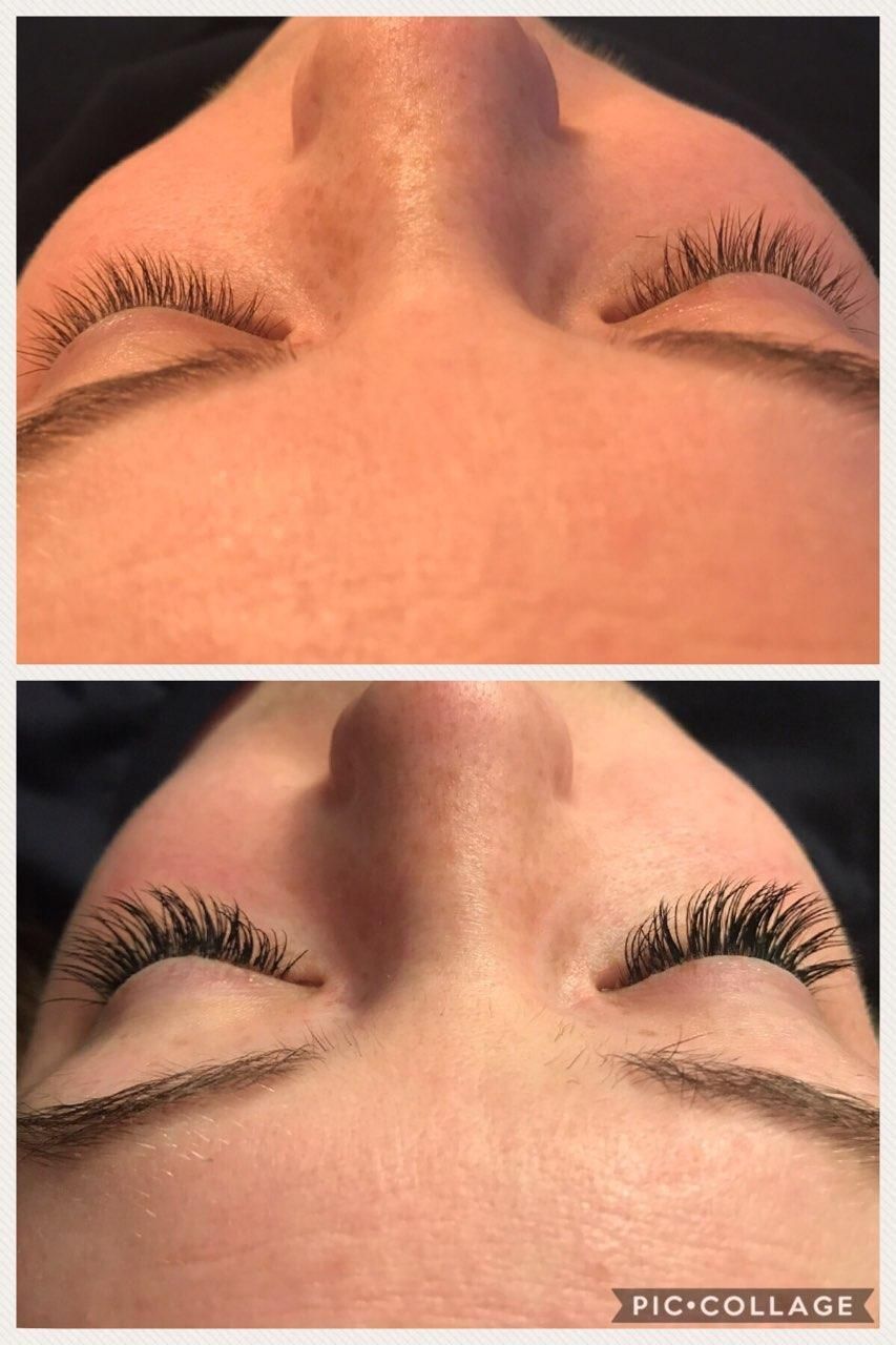 A before and after photo of a woman 's eyelashes.
