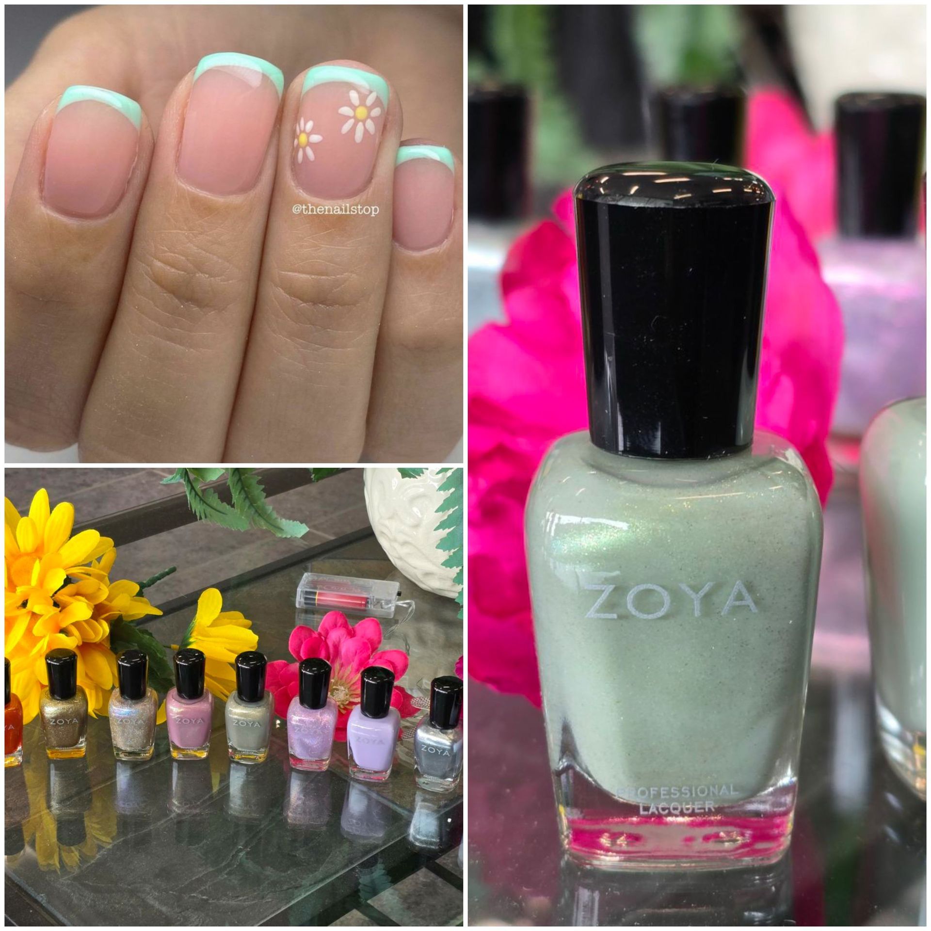A bottle of zoya nail polish sits on a table