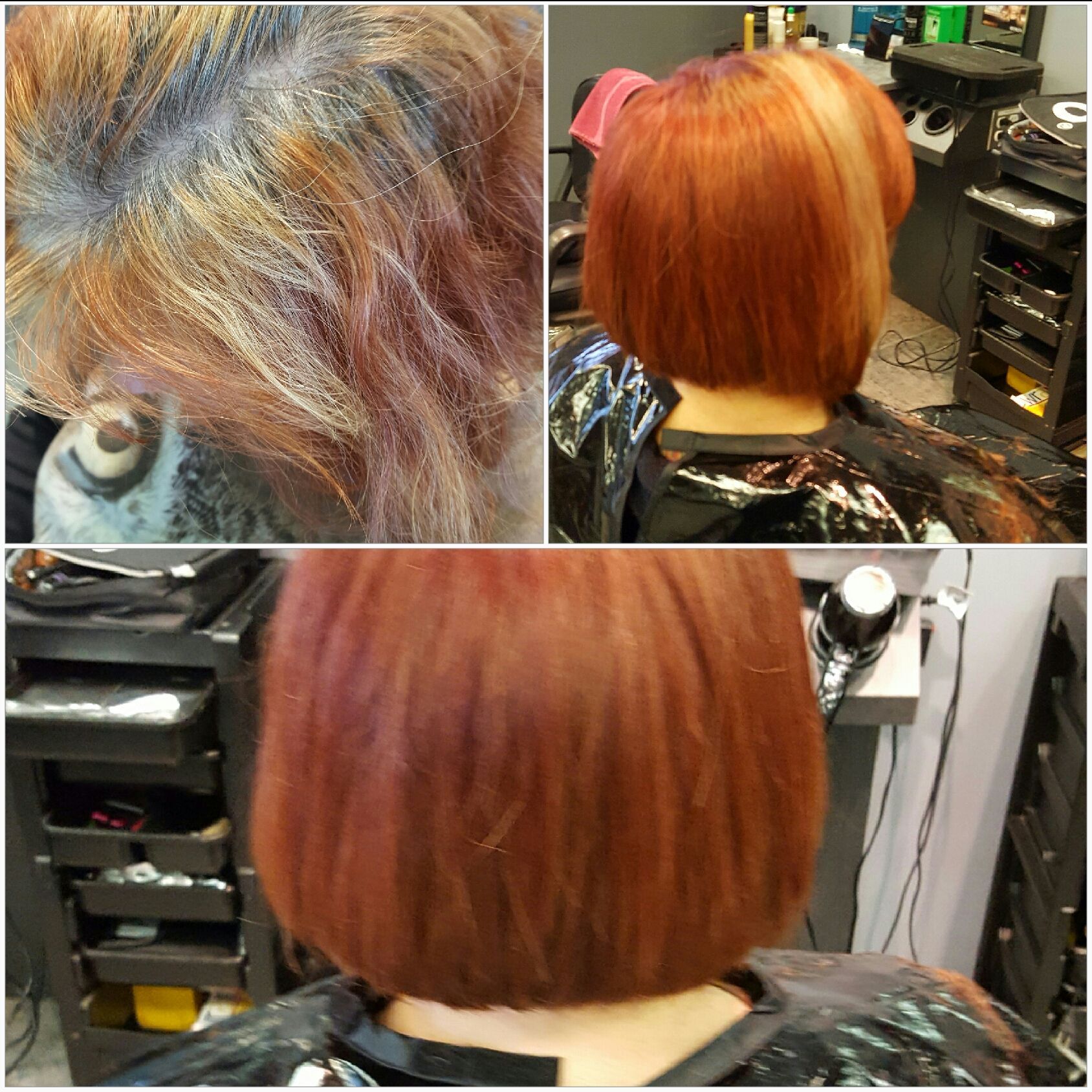 A woman is getting her hair dyed in a salon