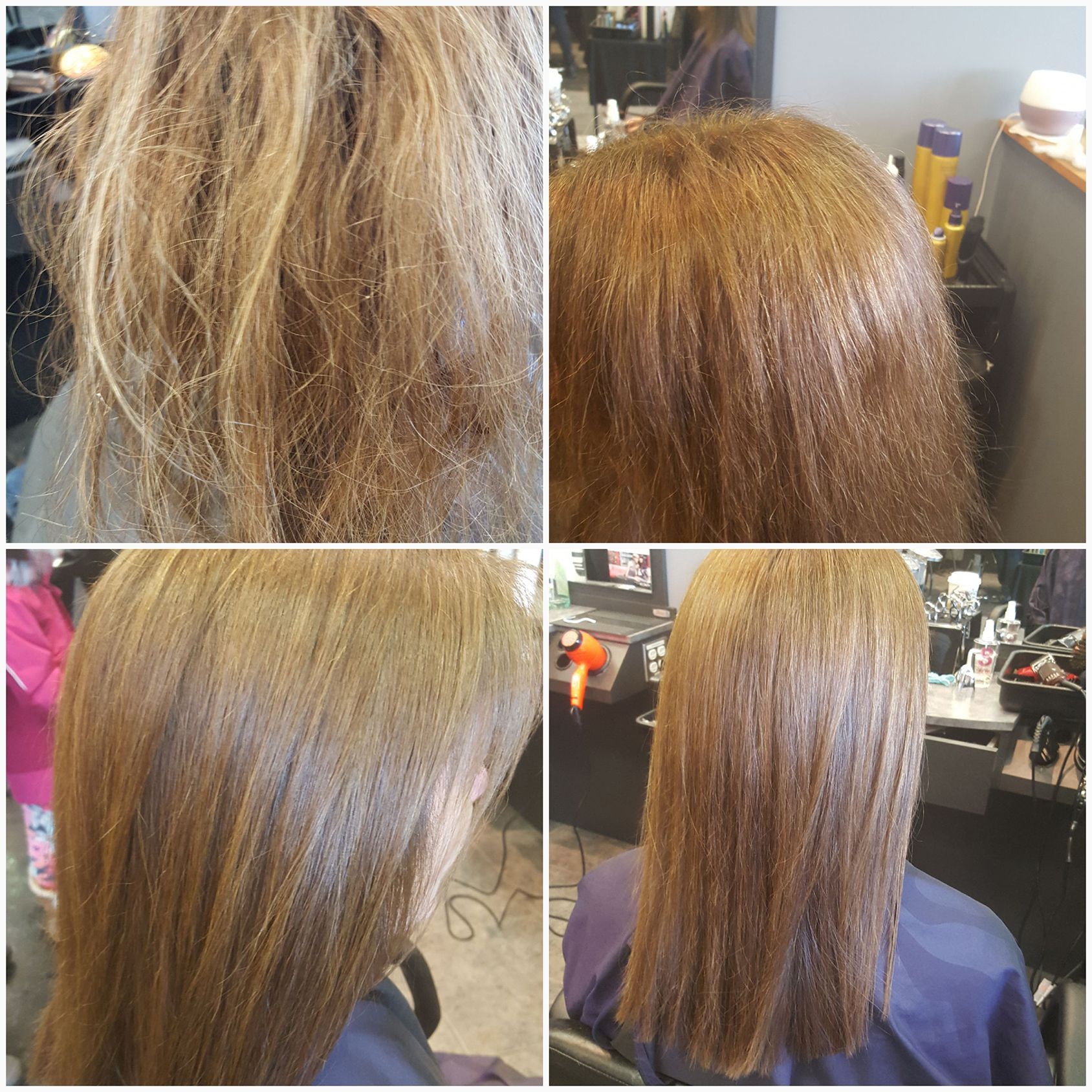 A before and after photo of a woman 's hair
