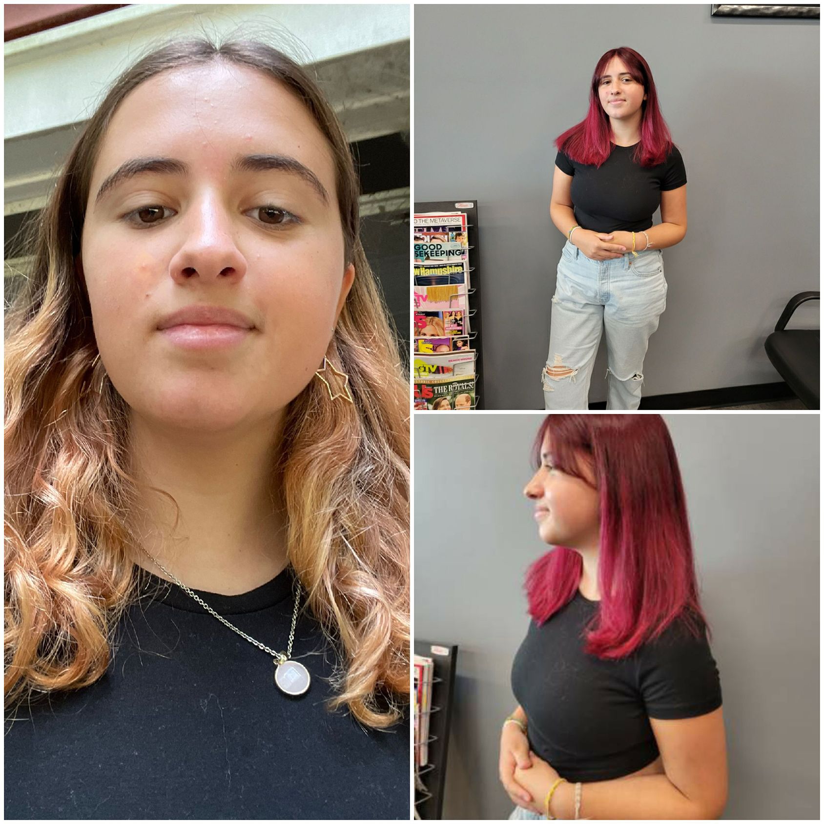 A collage of three pictures of a woman with different hair colors