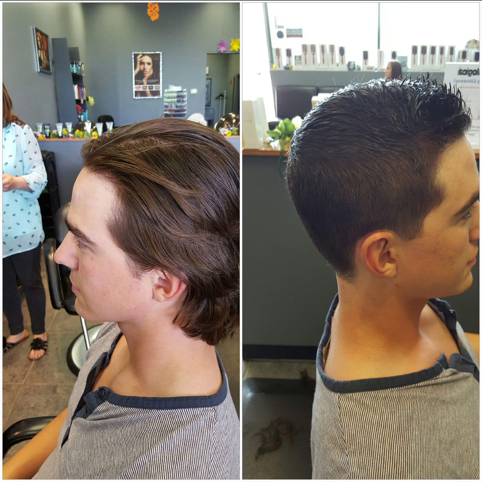 A before and after picture of a man getting his hair cut