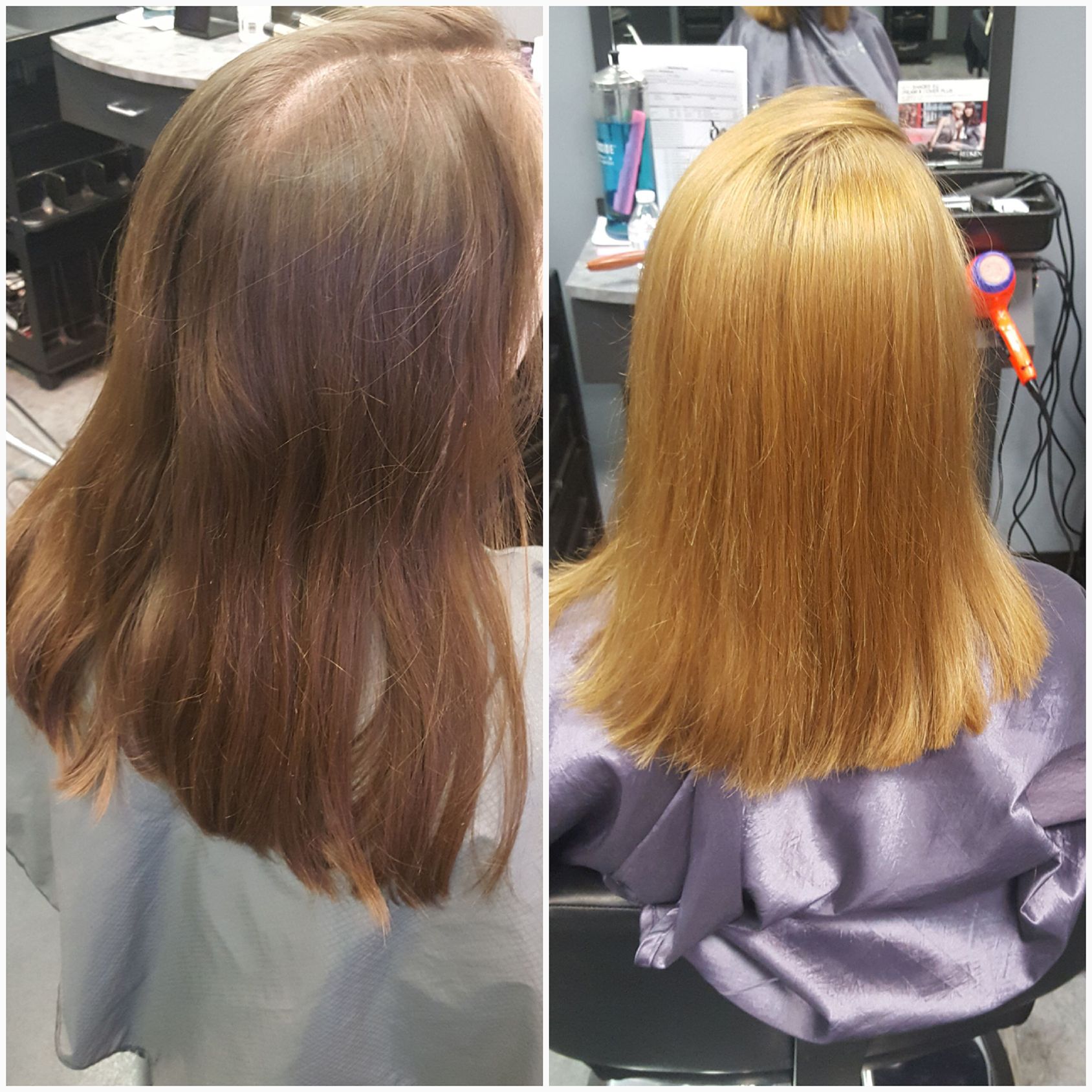 A before and after photo of a woman 's hair