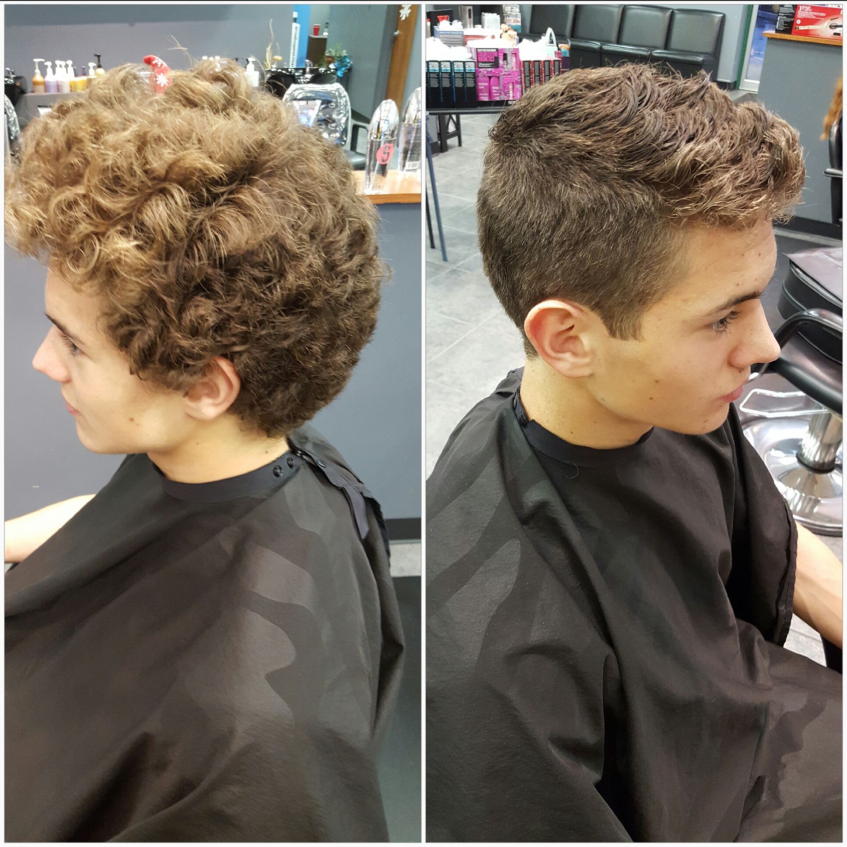 A before and after picture of a young man getting his hair cut