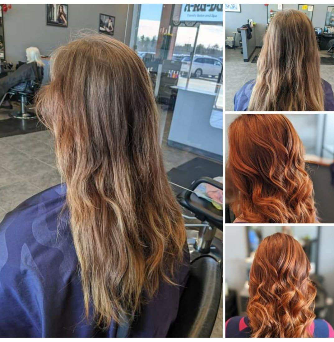 A woman is getting her hair done in a salon