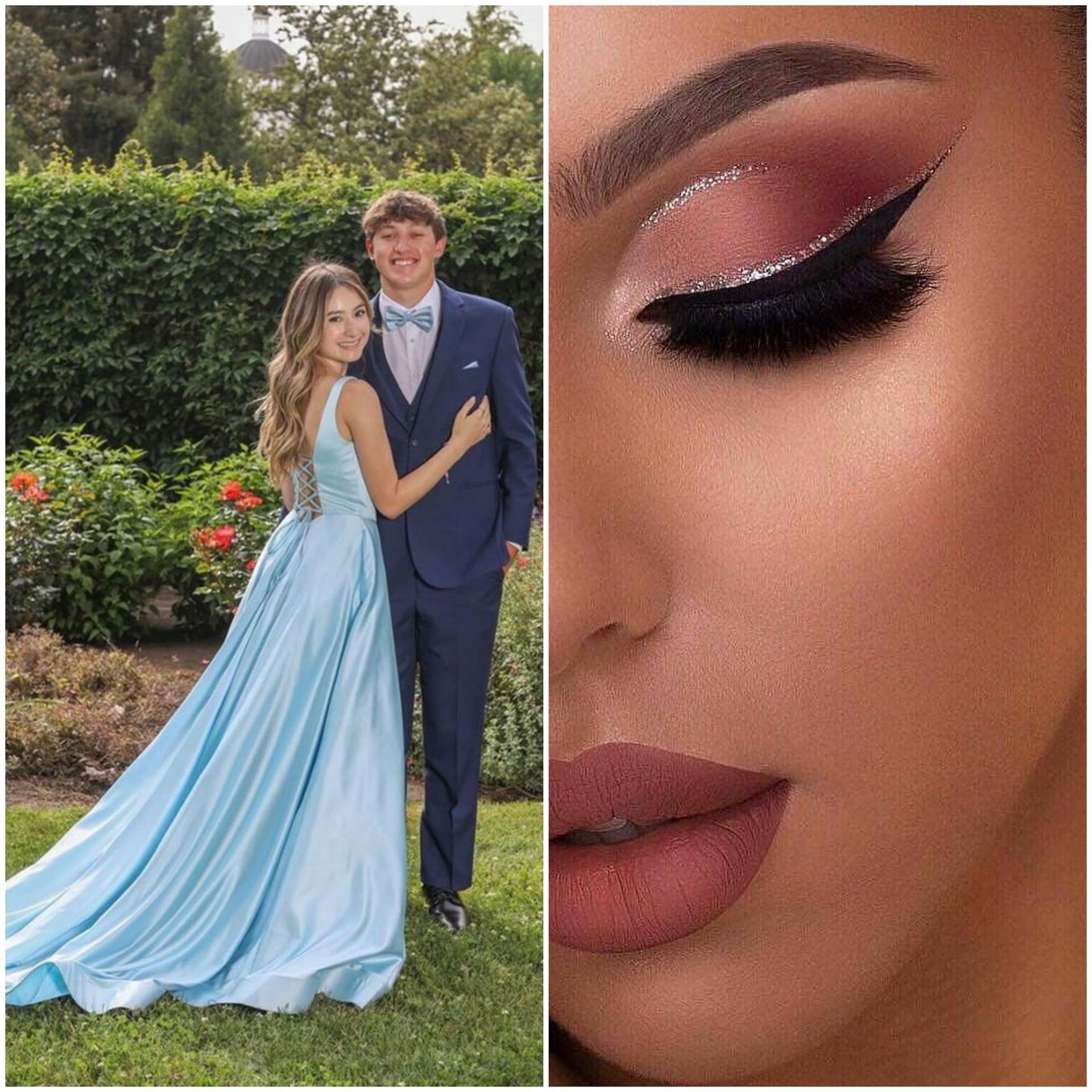 A woman in a light blue dress is standing next to a man in a suit.