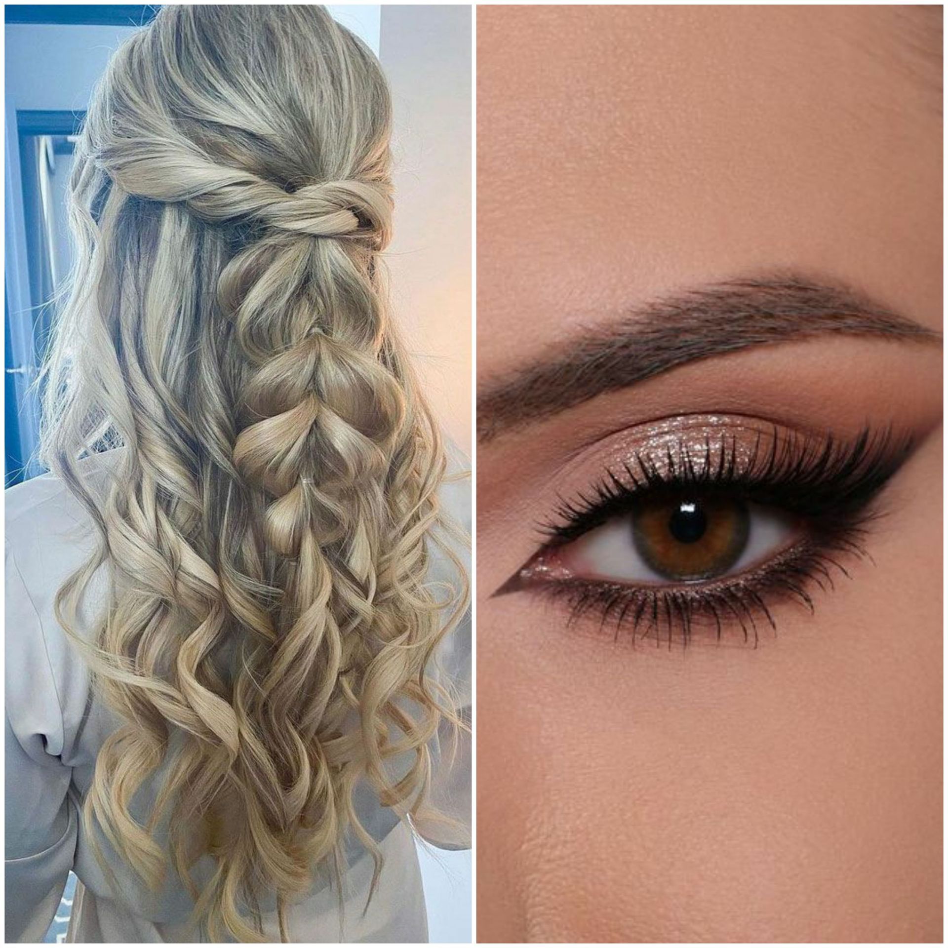 A woman 's hair and eye makeup are shown in a collage.