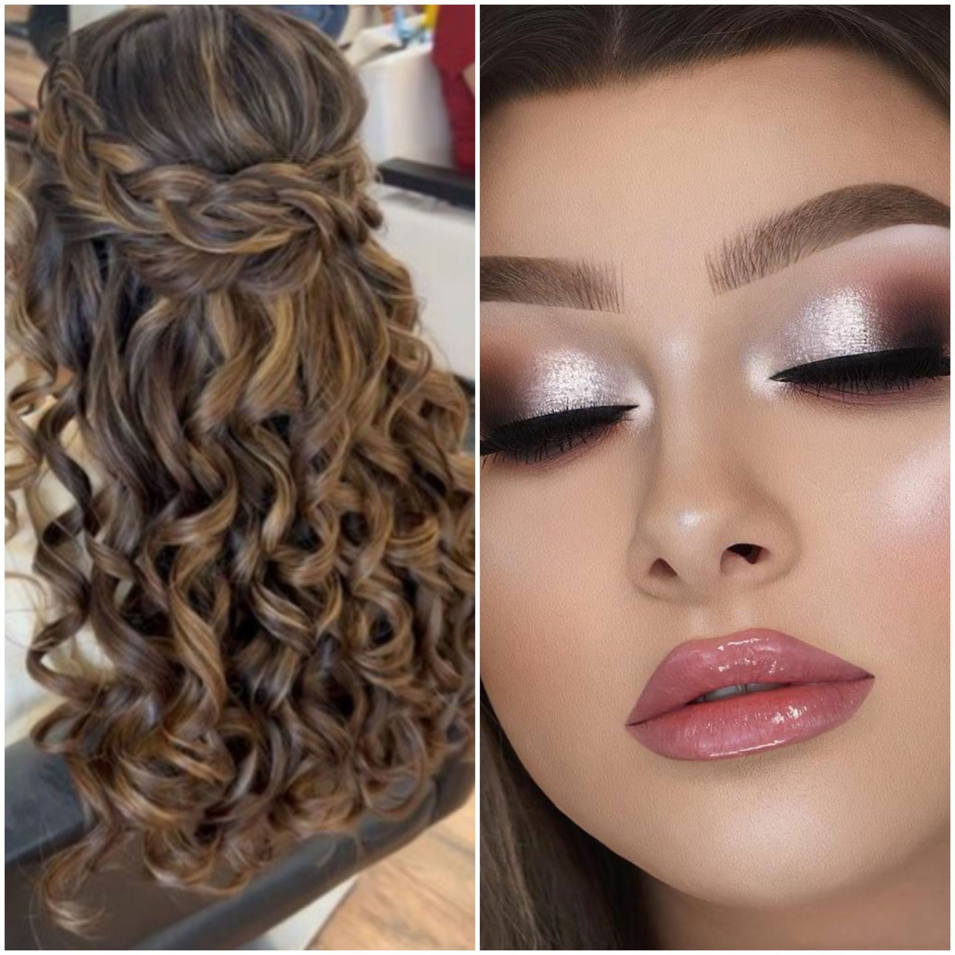 A woman with curly hair is wearing a half up half down hairstyle and makeup.