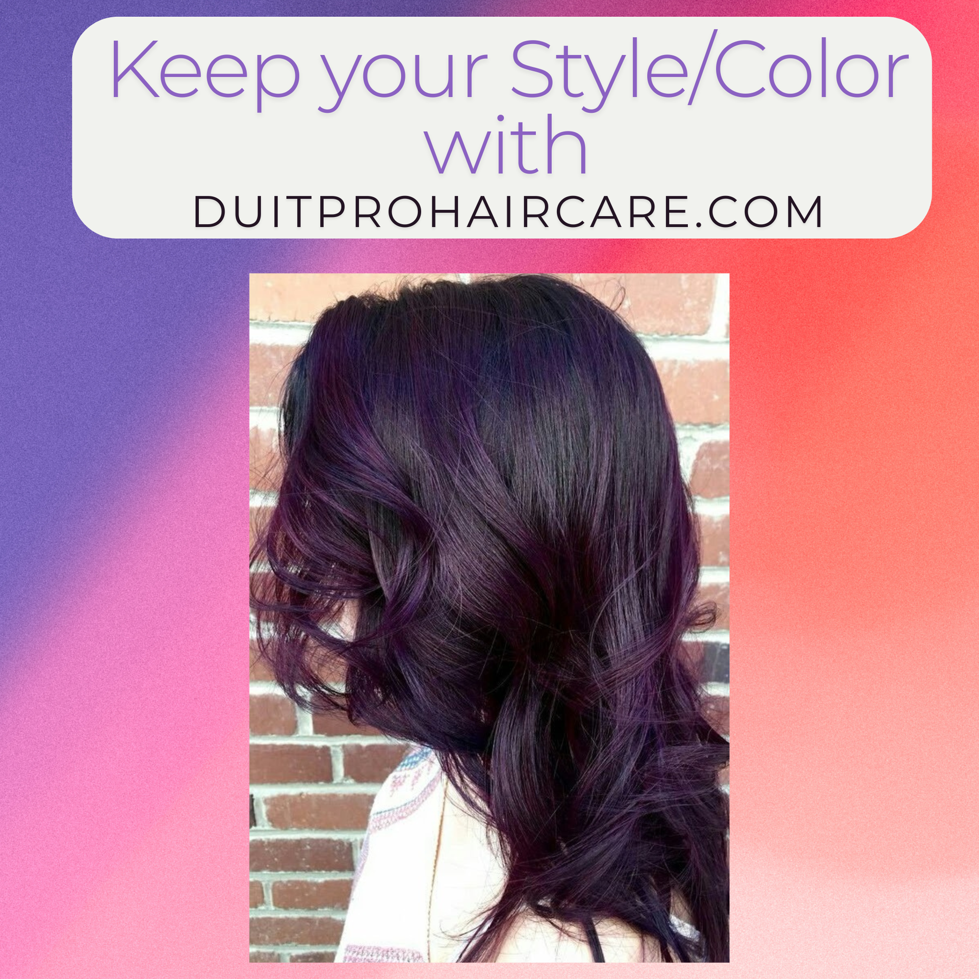 Purple-haired person in front of a brick wall, text overlay: 