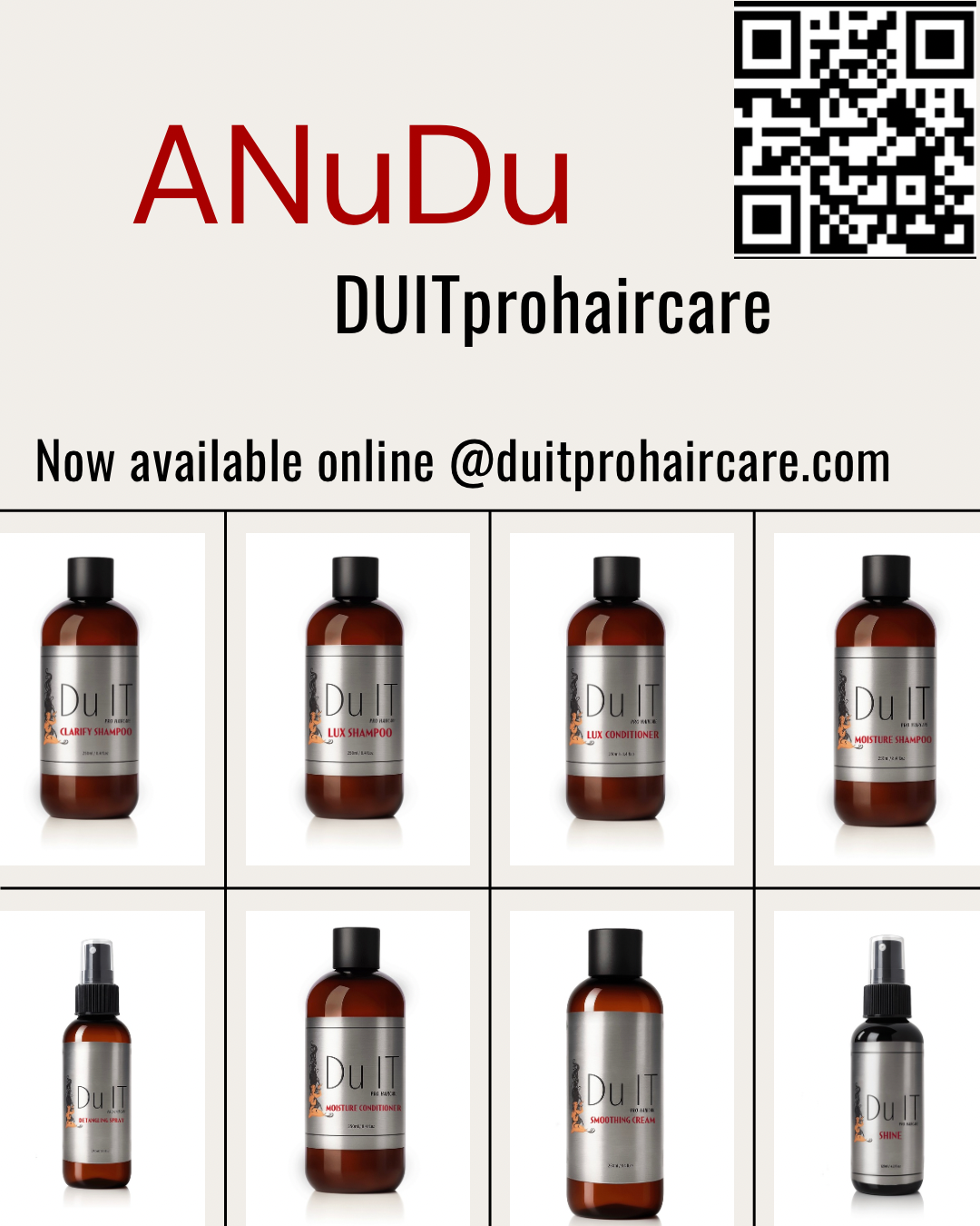 An advertisement for aNuDu DUITprohaircare with a QR code