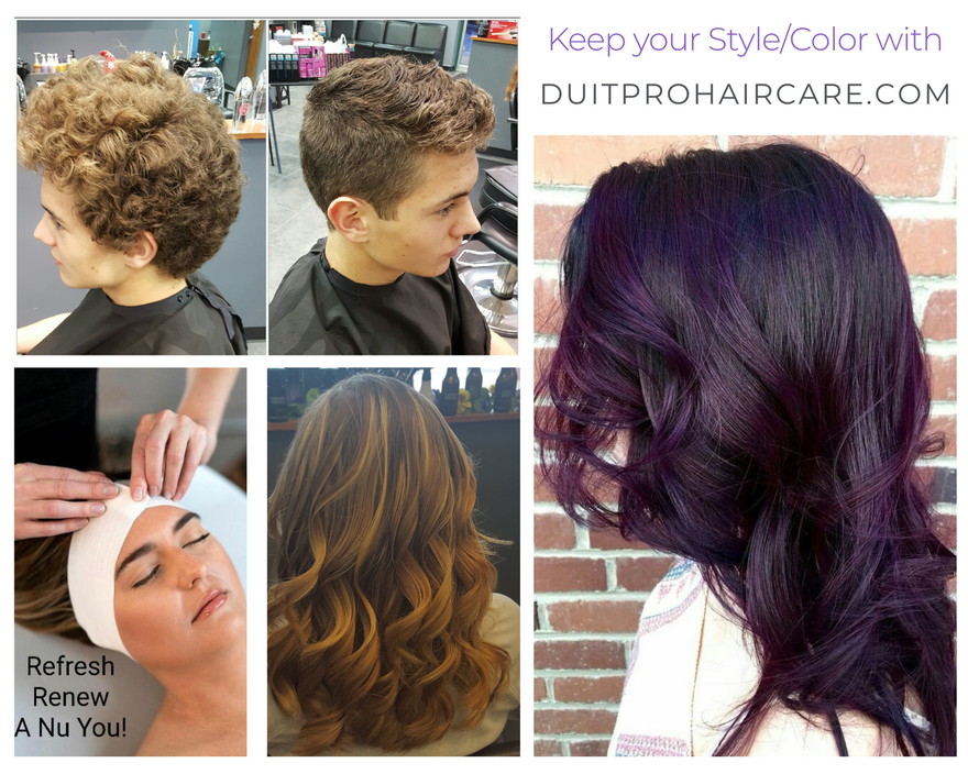 Collage: Men's haircuts, woman with facial, and woman with purple hair, with the text 