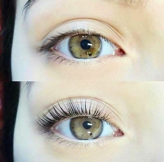 A before and after photo of a woman 's eye with a lash lift.