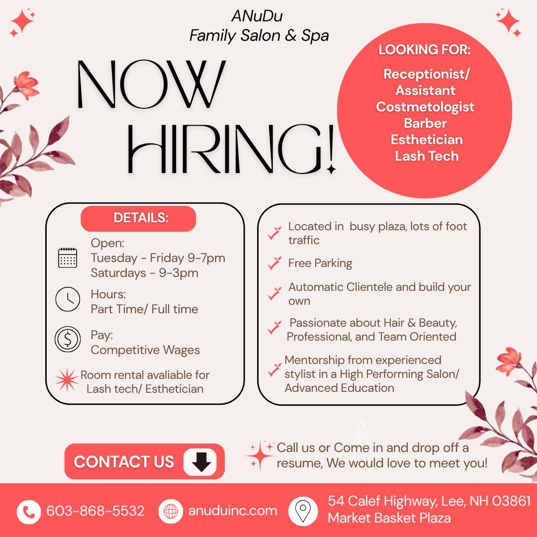 Now hiring salon flyer in pink and white for beautician, receptionist, assistant, countertop, lash tech, and more.