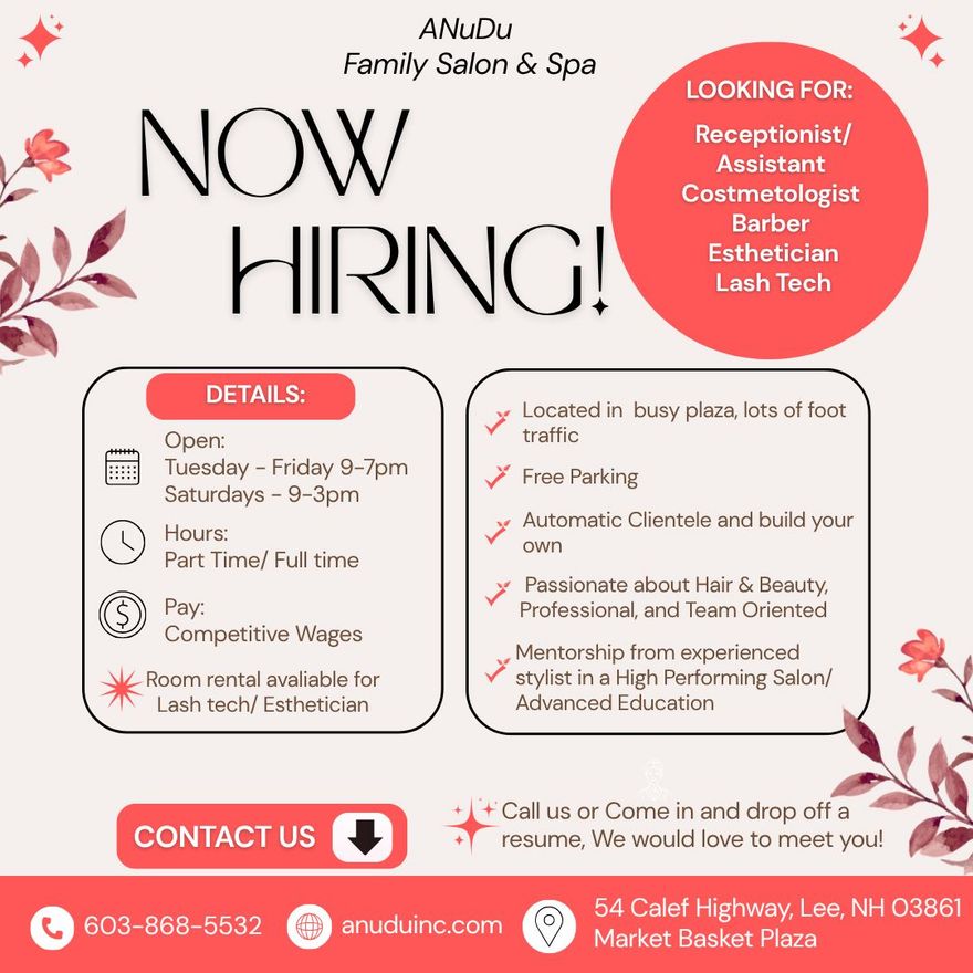 Now hiring salon flyer in pink and white for beautician, receptionist, assistant, countertop, lash tech, and more.