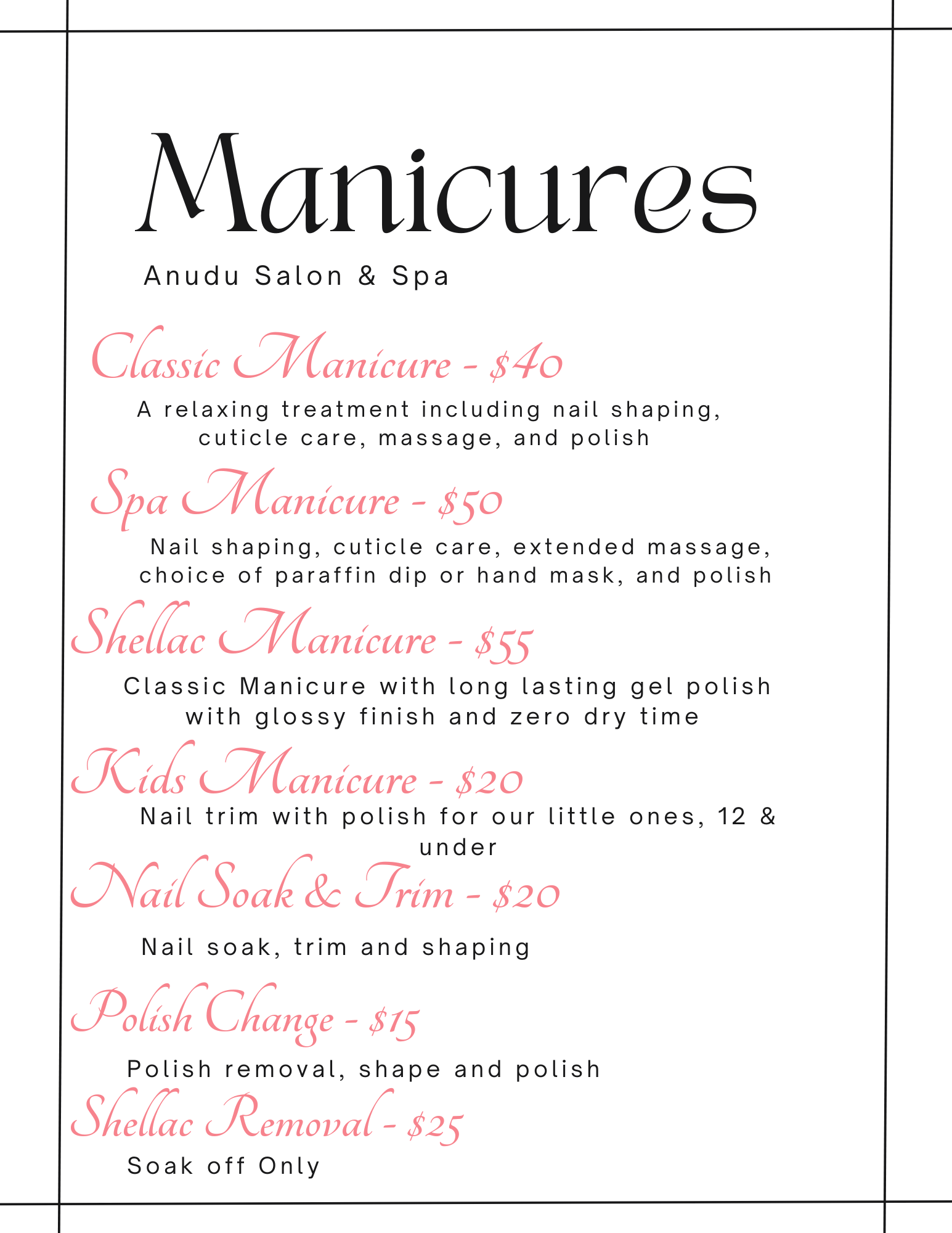 A menu of manicure services from Anudu Salon & Spa, listing various treatments and their corresponding prices.