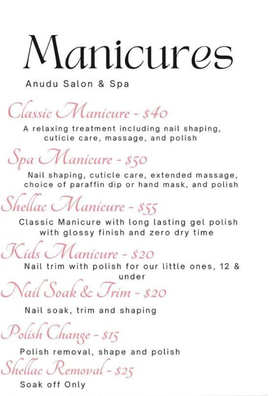 A menu of manicure services from Anudu Salon & Spa, listing various treatments and their corresponding prices.