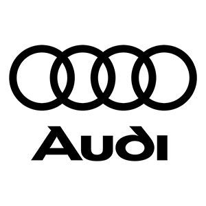 Audi logo with four black interlocking rings above the word “Audi” on a white background