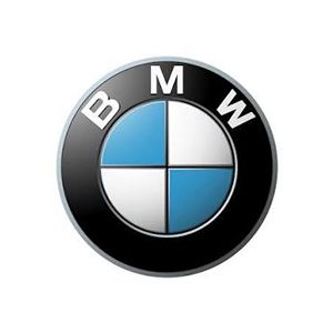 BMW logo: black circular emblem with blue and white quartered center and silver BMW lettering.