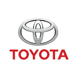 Toyota logo with silver emblem above red wordmark on a white background