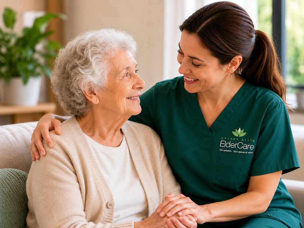 Nurse in green scrubs smiling and holding hands with an elderly woman on a couch