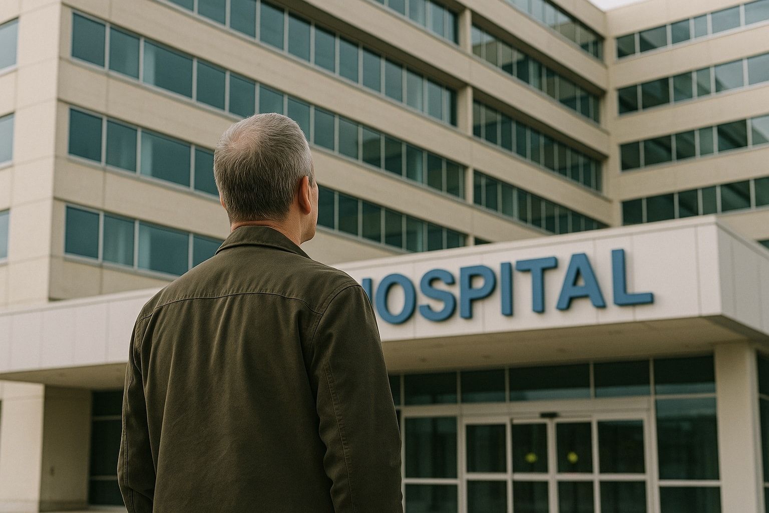 Man standing outside a hospital entrance, looking up at the building sign.