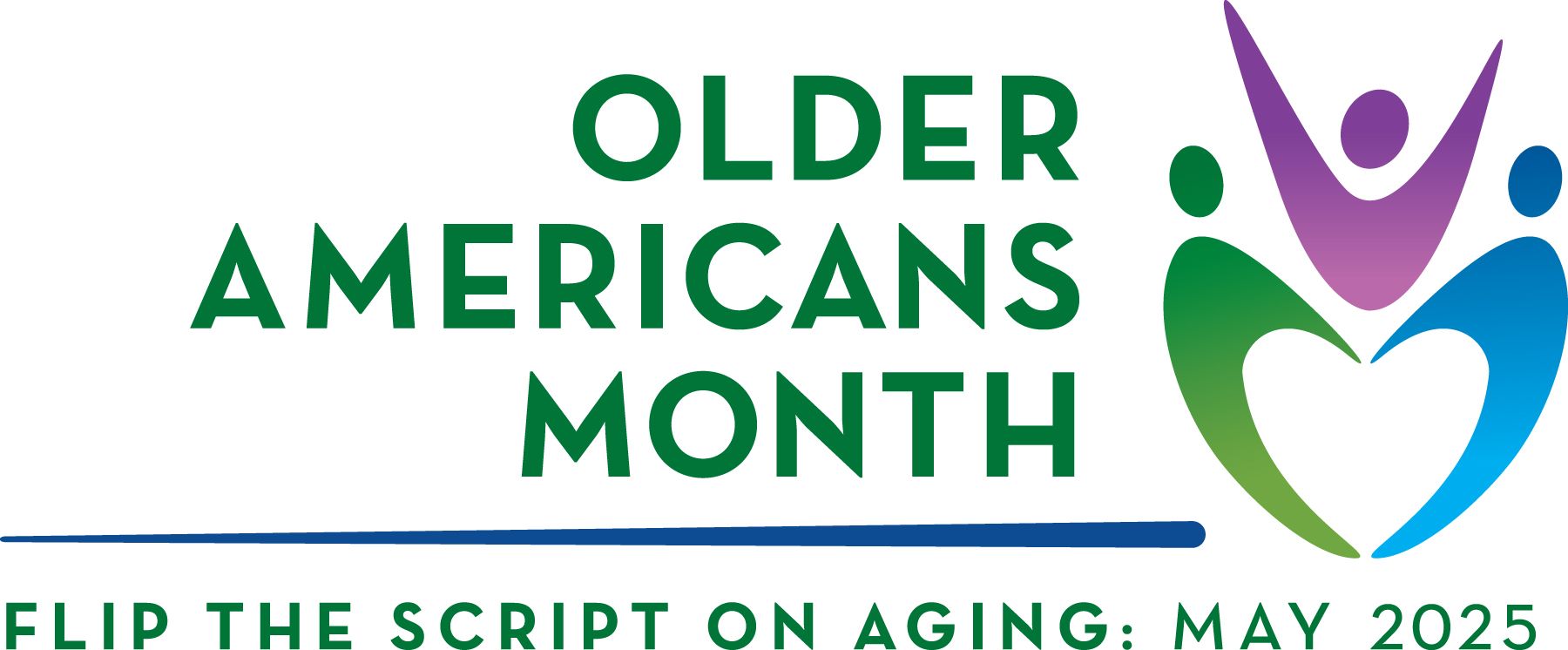 Older Americans Month logo with green and purple figures and text “Flip the Script on Aging: May 2025”