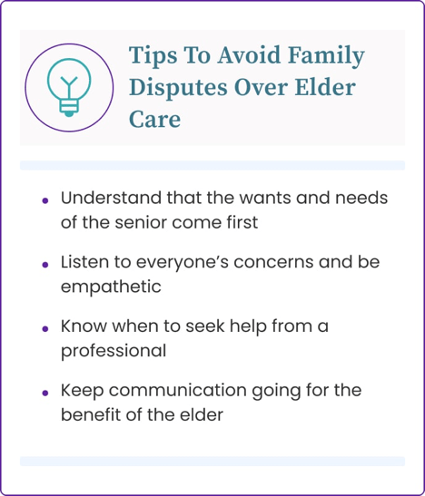 Tips to avoid family disputes over elder care with bullet-point advice on communication and empathy