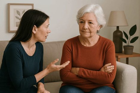 Two women talking on a sofa in a living room, one gesturing while the other listens with folded arms.