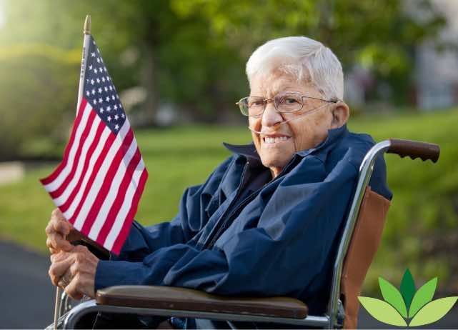 Elderly person in a wheelchair holding a U.S. flag outdoors, smiling.
