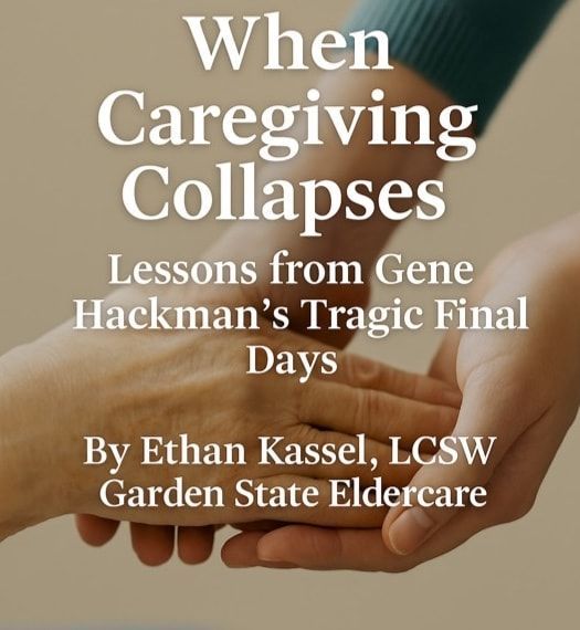 Text graphic on caregiving collapse, with hands holding hands in soft tan and green tones