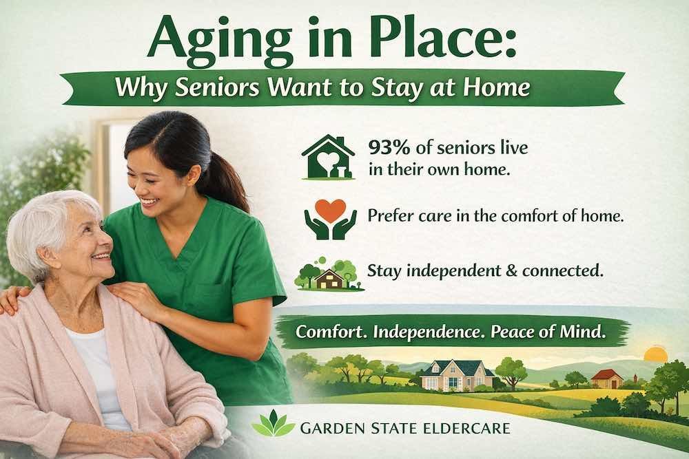 Senior care infographic with caregiver helping an older adult at home, emphasizing aging in place.