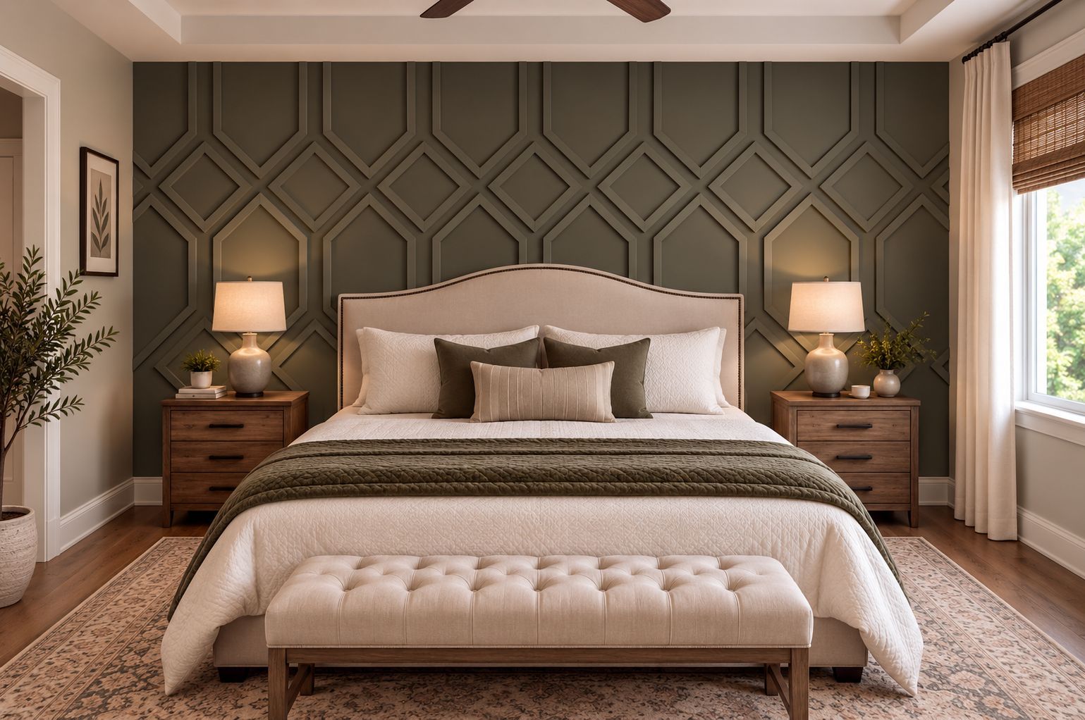Elegant neutral-toned bedroom with tufted bench, patterned accent wall, and matching bedside lamps.