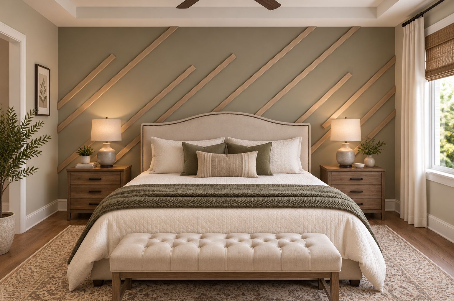 Cozy bedroom with upholstered bed, tufted bench, bedside lamps, and diagonal wall trim in soft beige tones