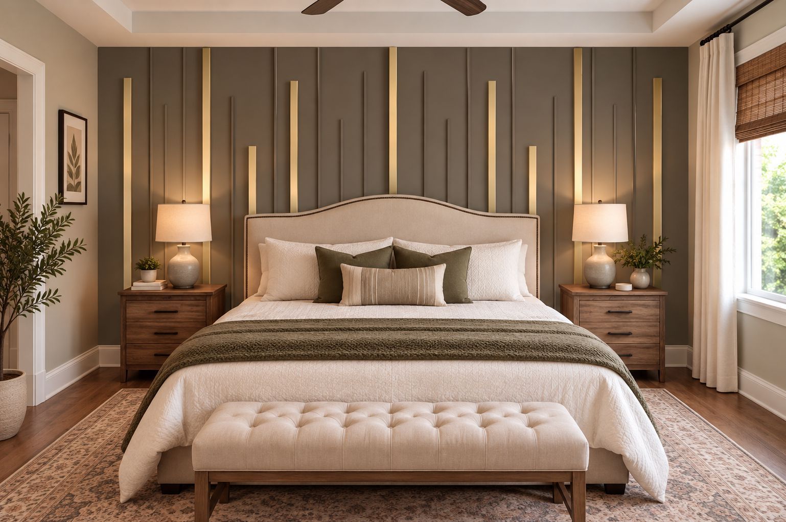 Elegant beige bedroom with upholstered bed, tufted bench, bedside lamps, and vertical wall accents.