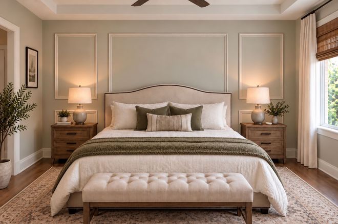 Elegant bedroom with a tufted bench, soft neutral bedding, and matching bedside lamps against paneled walls