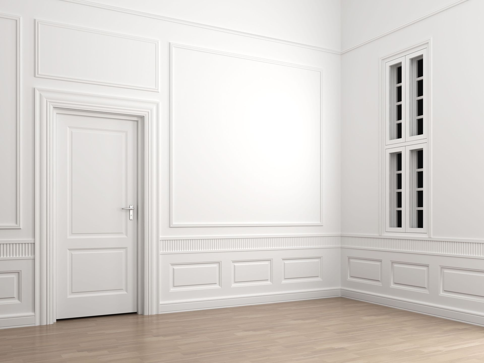 An empty white room with detailed wall paneling, a closed door, and a tall window.