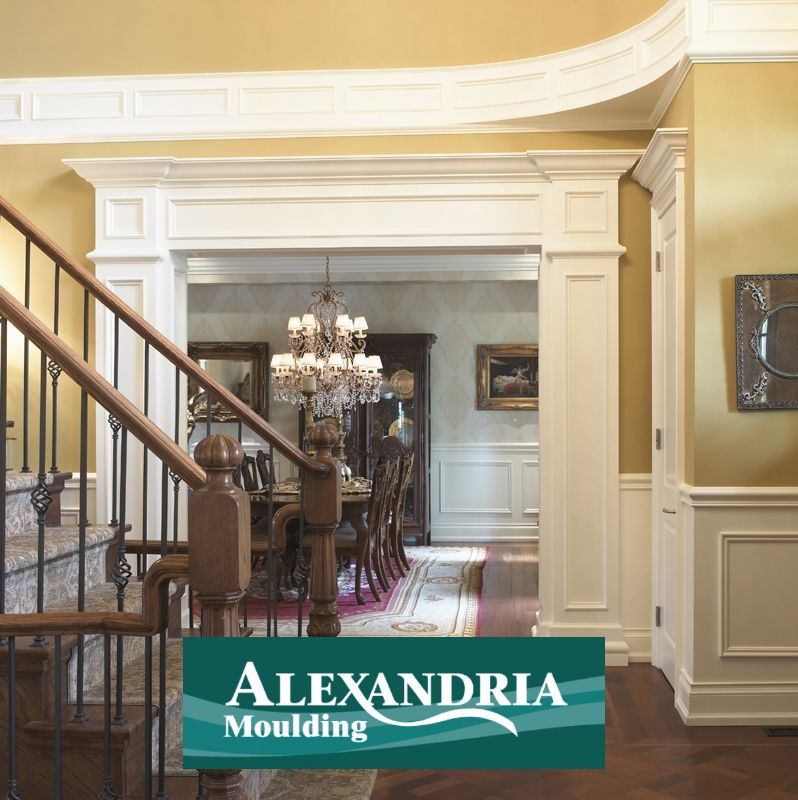 A picture of a dining room with a sign that says alexandria moulding