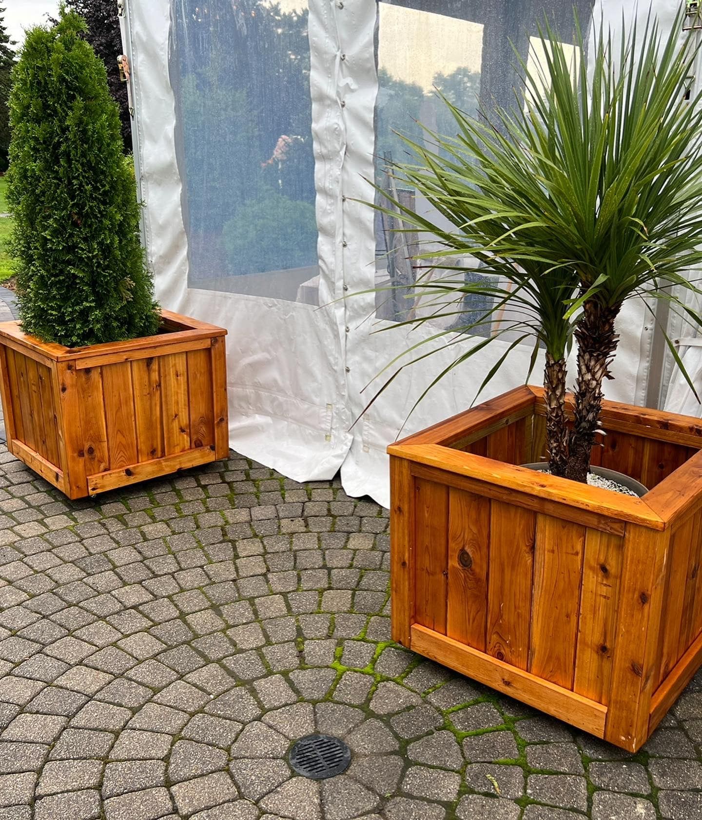 Two wooden planters with plants in them are sitting on a brick sidewalk in front of a white tent.