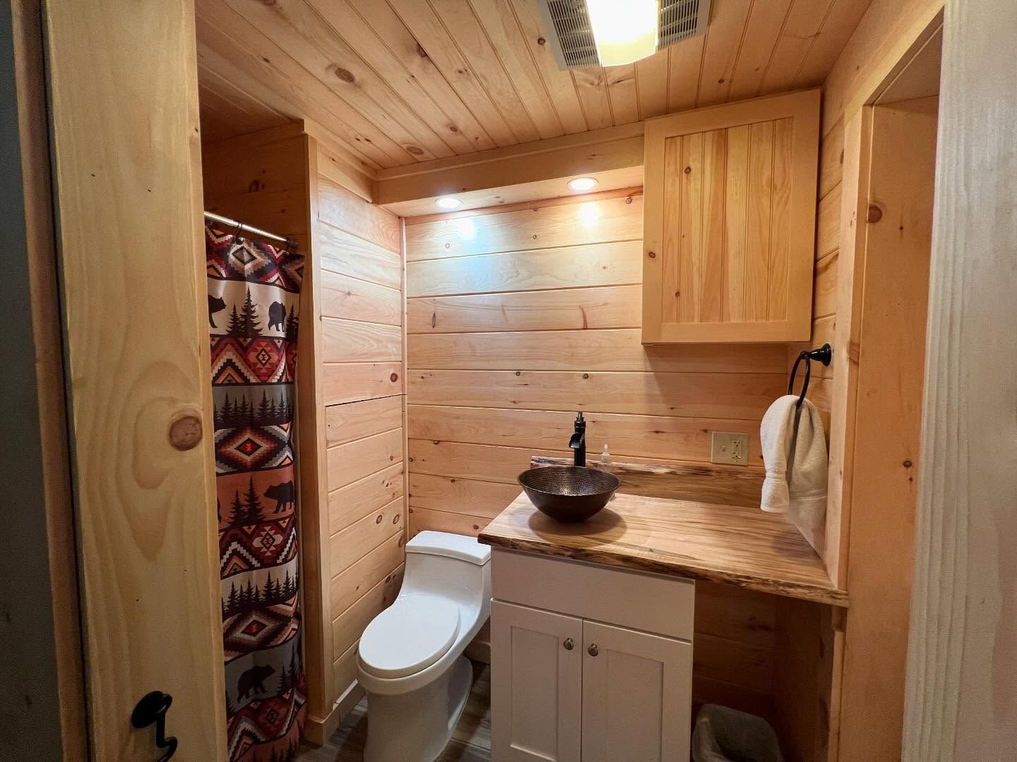 A bathroom with a toilet , sink and shower curtain.