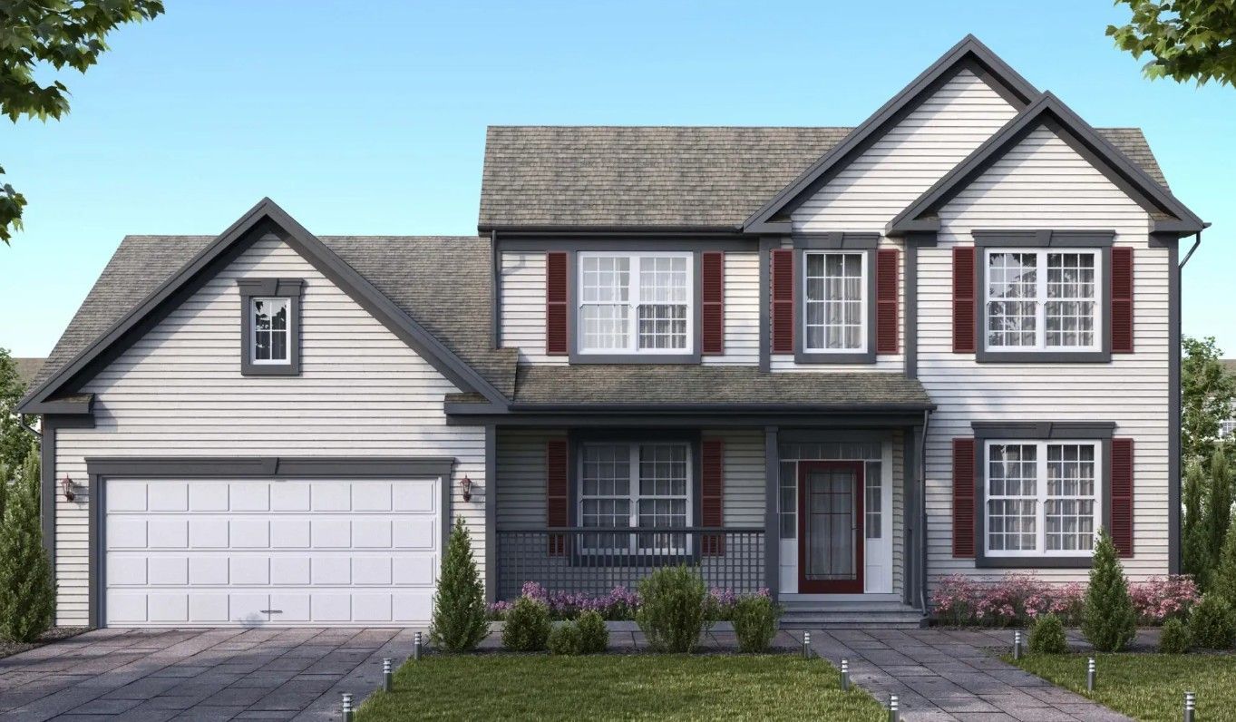 Two-story gray suburban house with red shutters, white trim, and a two-car garage