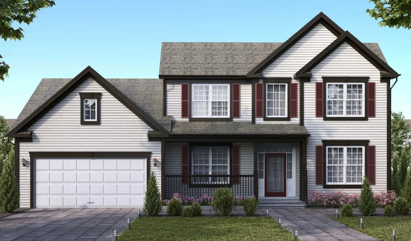 Two-story suburban house with white siding, dark trim, attached garage, and a front porch and driveway