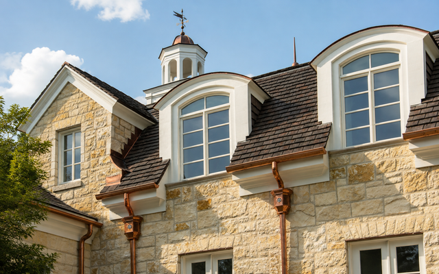 Stone house facade with three dormer windows, white trim, and a tiled roof under a blue sky