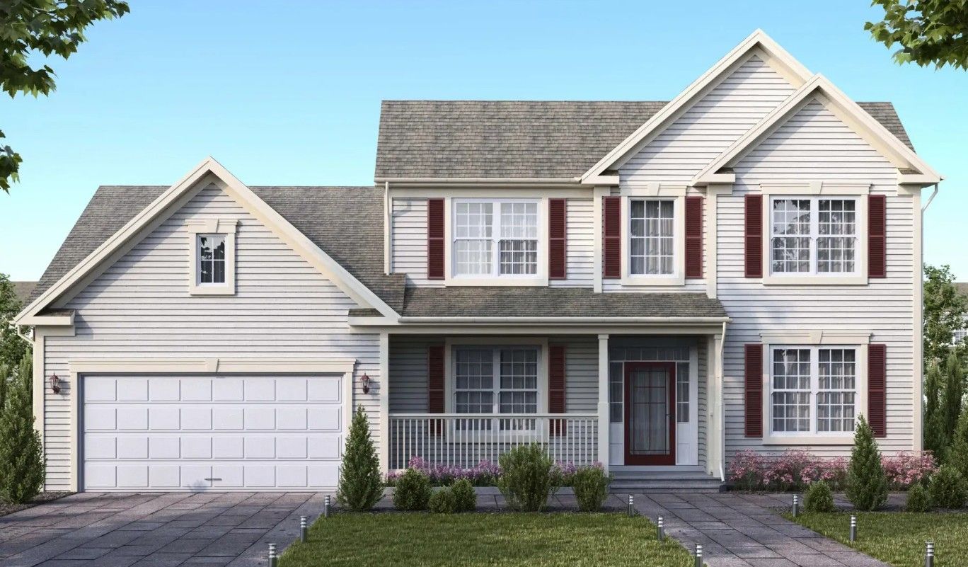 Suburban two-story house with gray siding, red shutters, white garage, and front porch