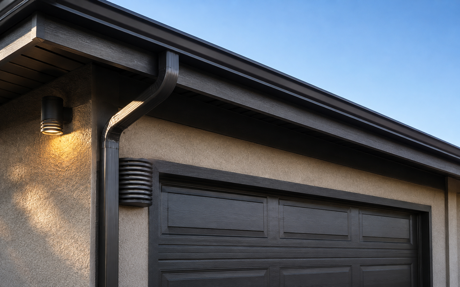 Exterior of a modern house with a black garage door and warm porch light at dusk