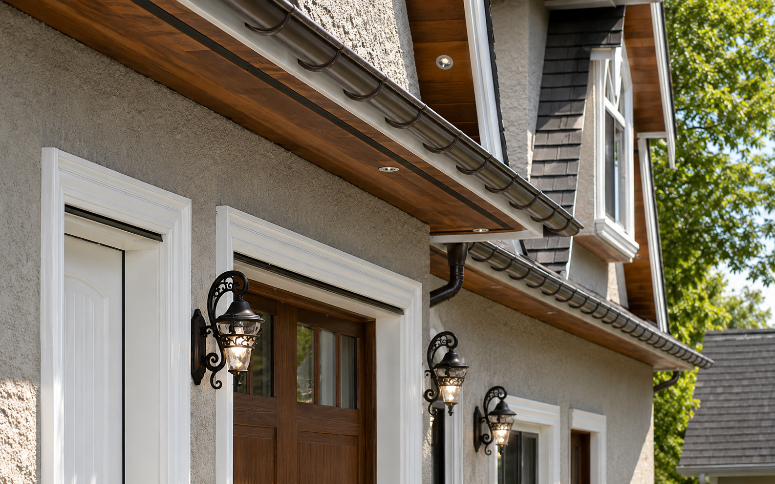 Front exterior of a house with white trim, brown siding, and decorative wall lanterns by the door.