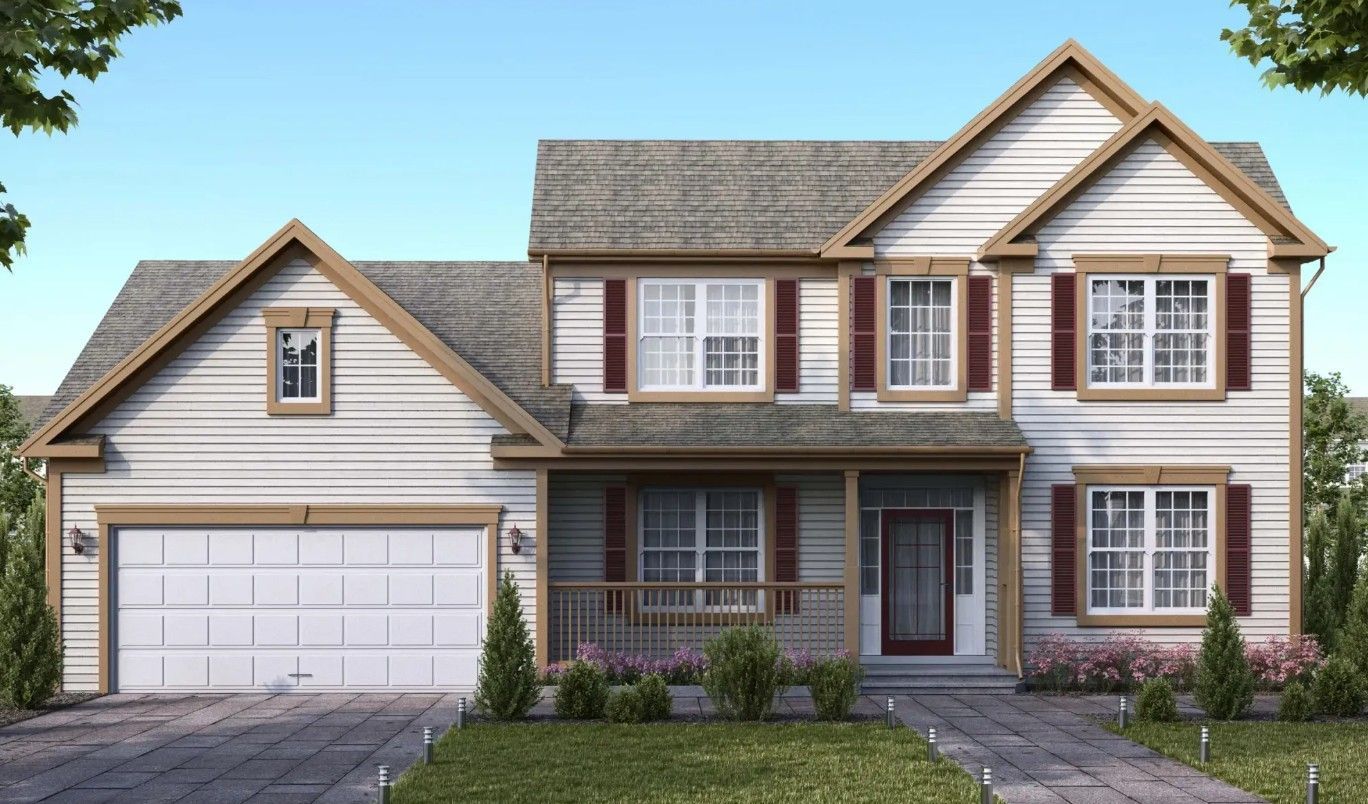 Suburban two-story house with beige siding, brown shutters, attached garage, and a small front lawn