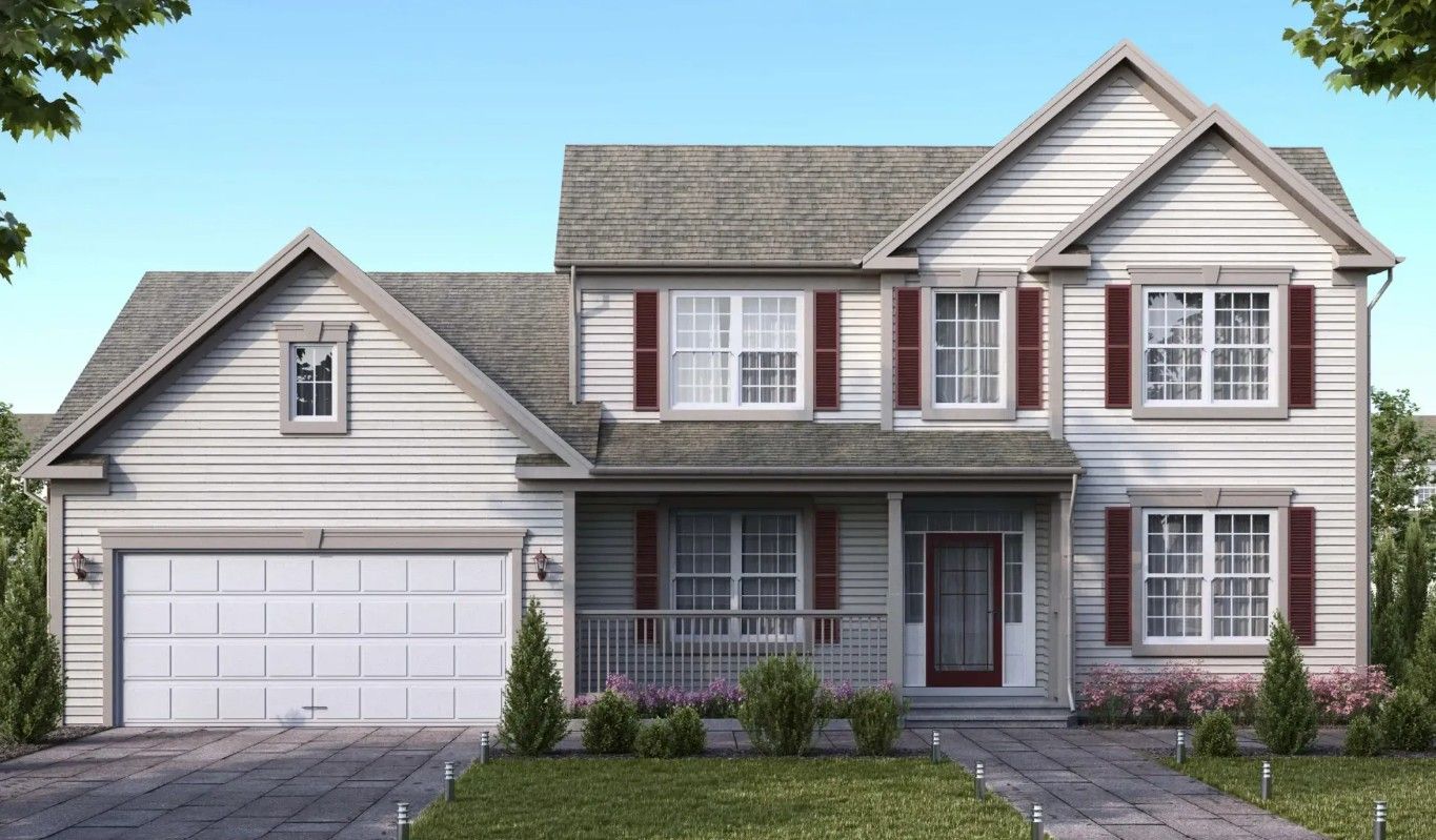 Suburban two-story gray house with red shutters, attached garage, and front porch