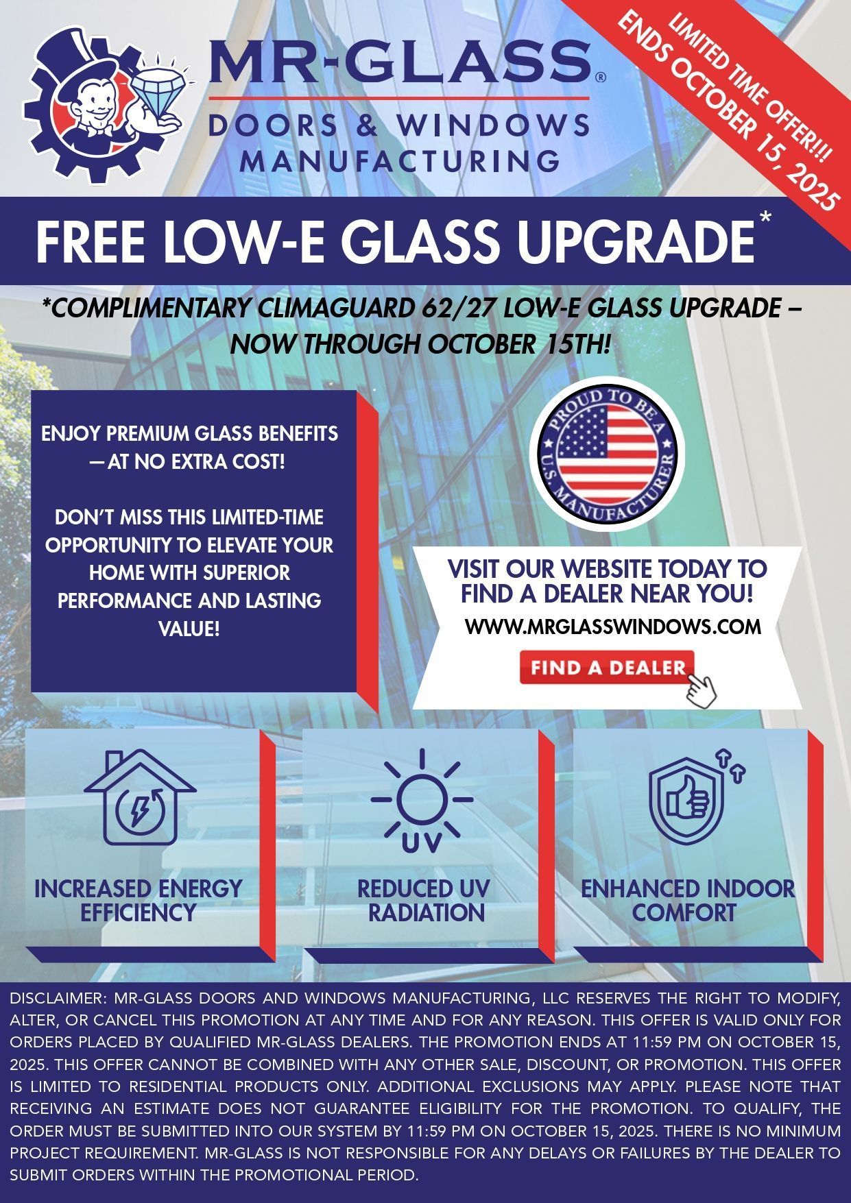 Advertisement for Mr. Glass doors and windows, offering free Low-E glass upgrade. Includes benefits: energy efficiency, UV reduction, comfort.