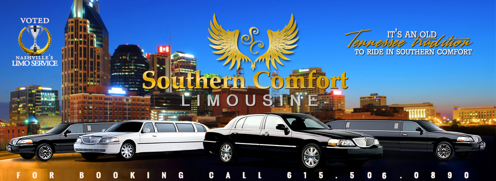 A poster for Southern Comfort Limousines with a city in the background